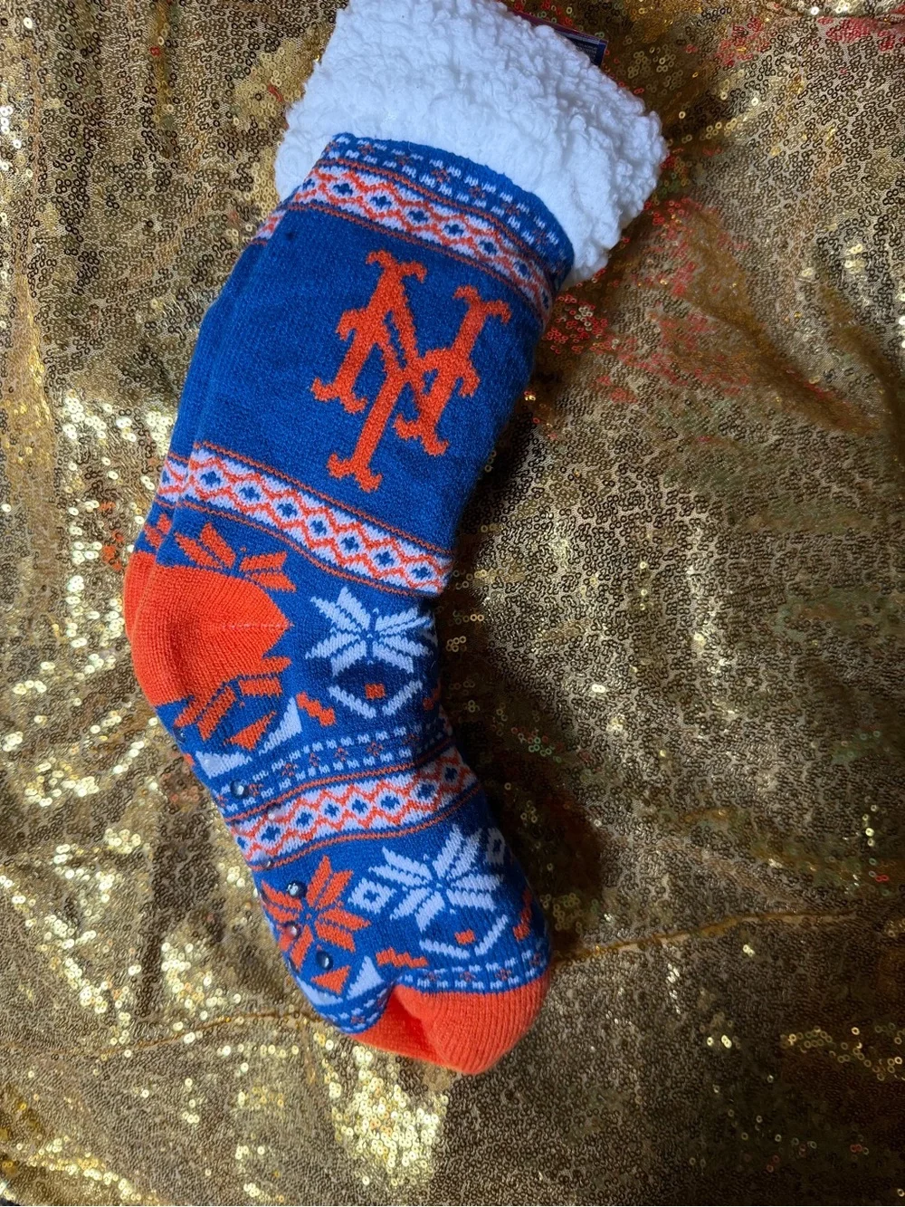 Blue & Orange Fleece-Lined Holiday Crew Socks